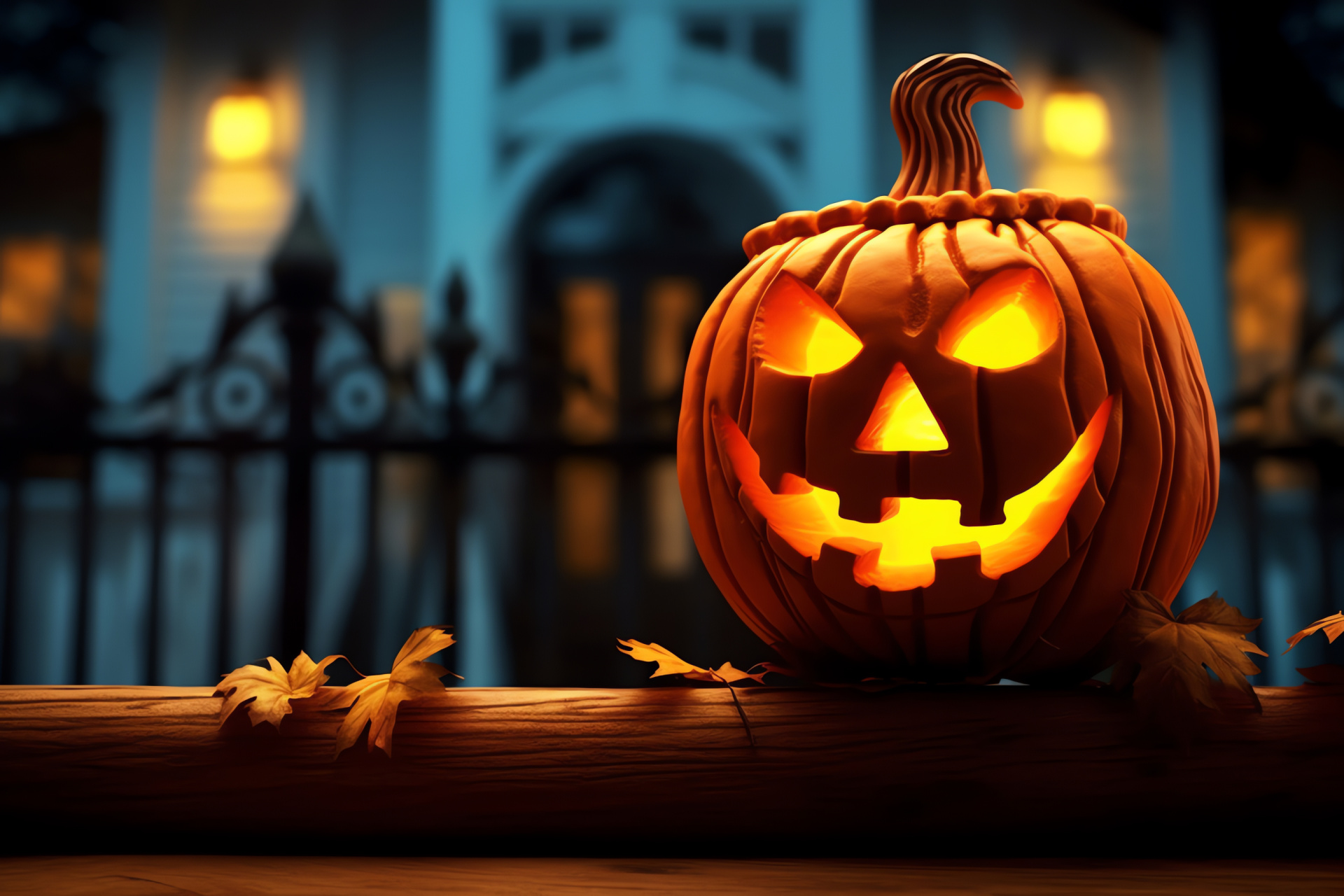 Carved Jack-o'-lantern, Candlelit glow, Autumn decorations, Haunted mood, Nighttime ambiance, HD Desktop Wallpaper