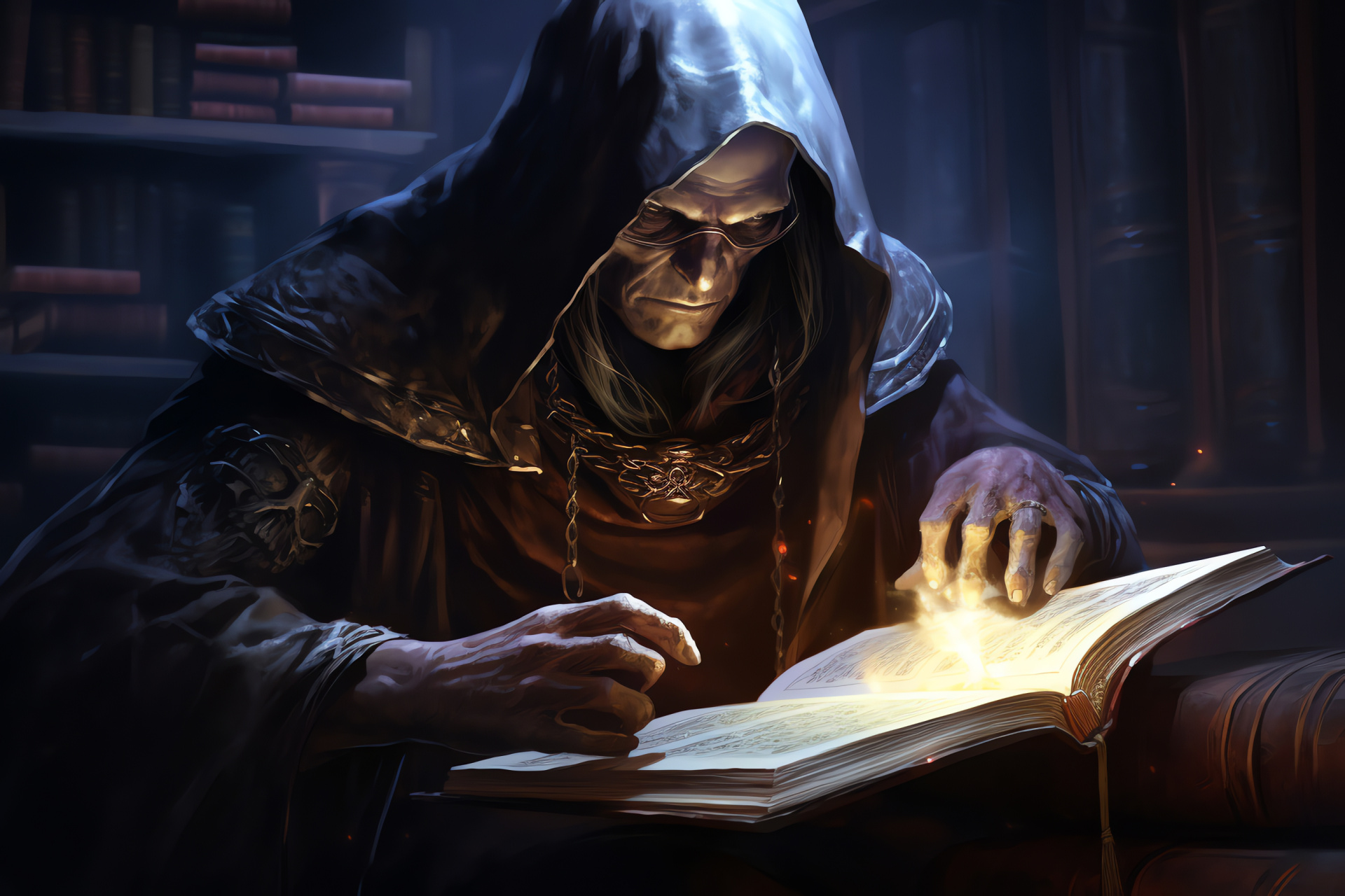 Forbidden codex chamber, Undead Warlock setting, Gaming grimoire, Enigmatic forces, Shade enveloped, HD Desktop Wallpaper