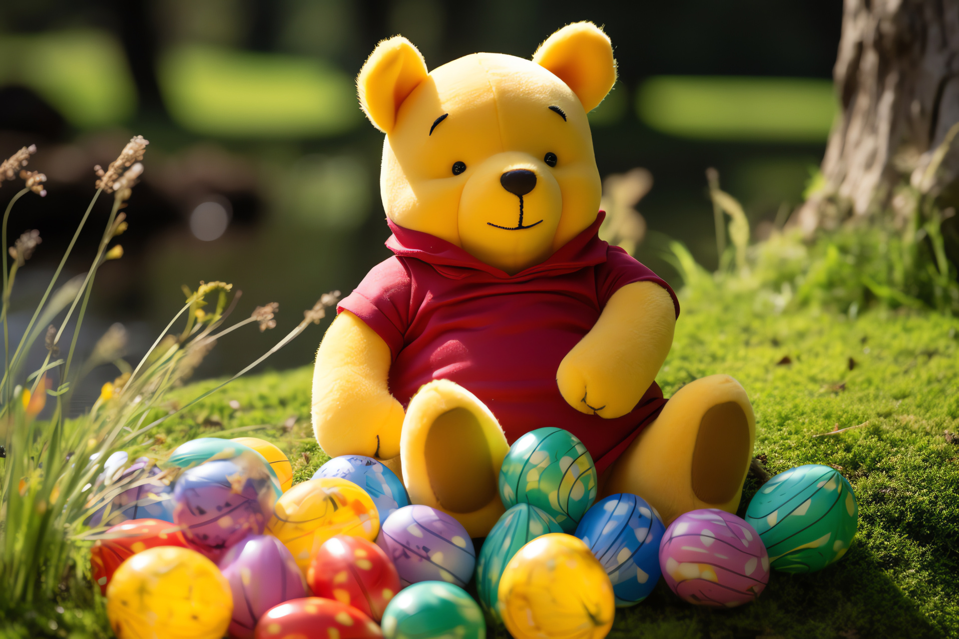 Springtime Pooh, festive rabbit outfit, hunt for eggs, verdant meadow, Easter tradition, HD Desktop Image