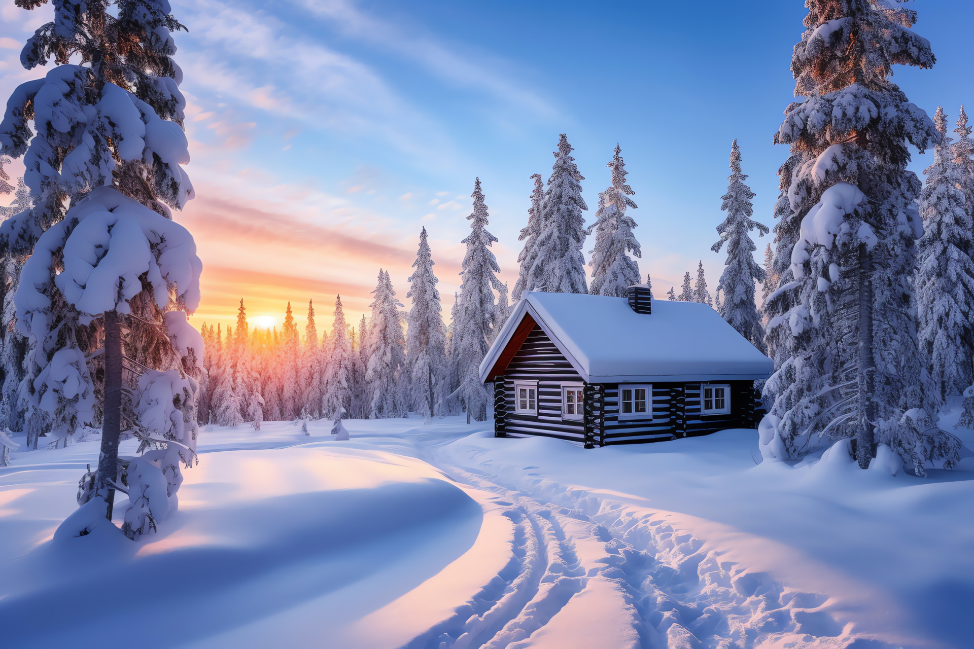 Arctic holiday in Finnish Lapland, snowy landscape enveloping timber cabins, northern winter escape, HD Desktop Wallpaper