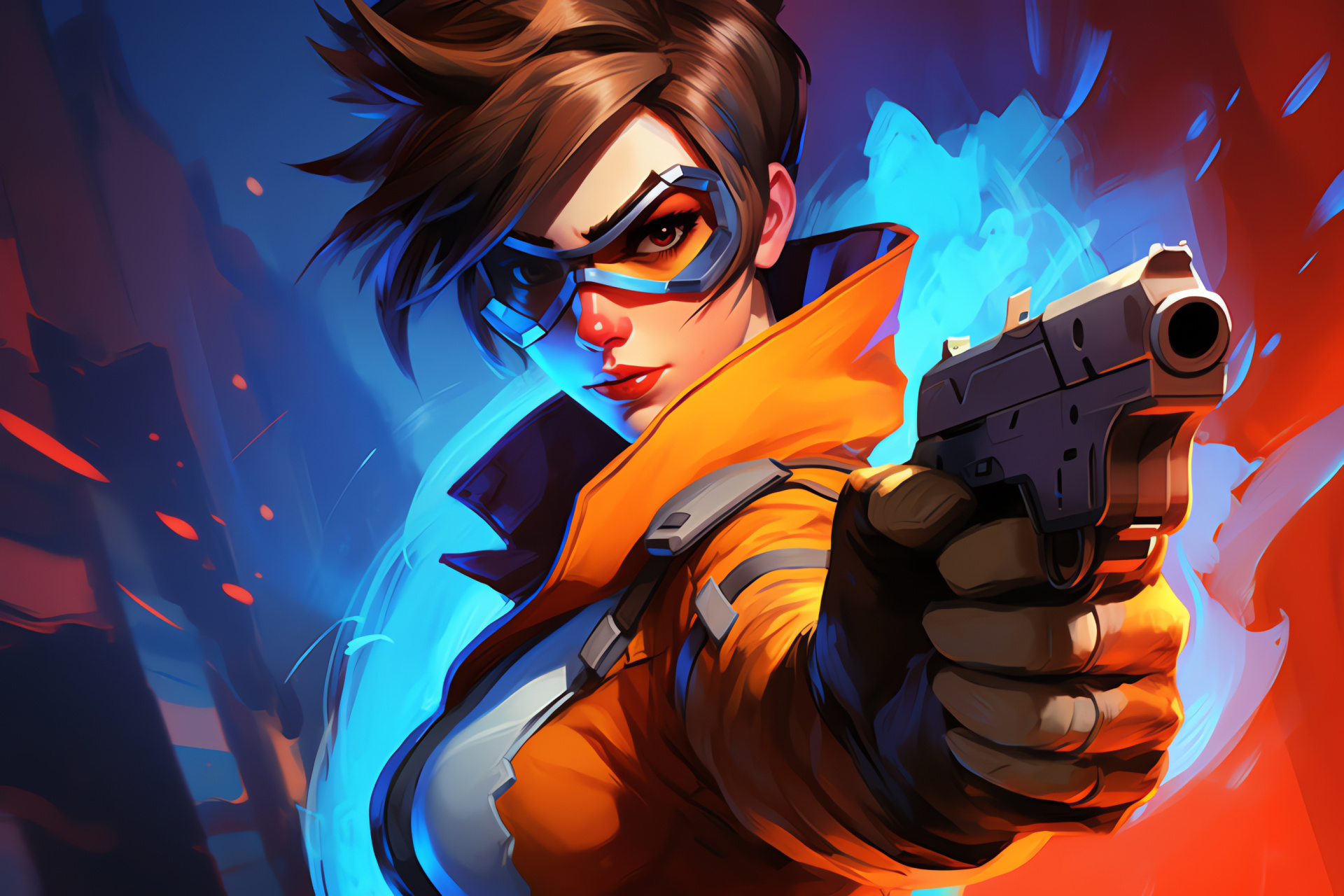 Tracer, Overwatch operative, Azure optic, Character close-up, Tangerine saturation, HD Desktop Image