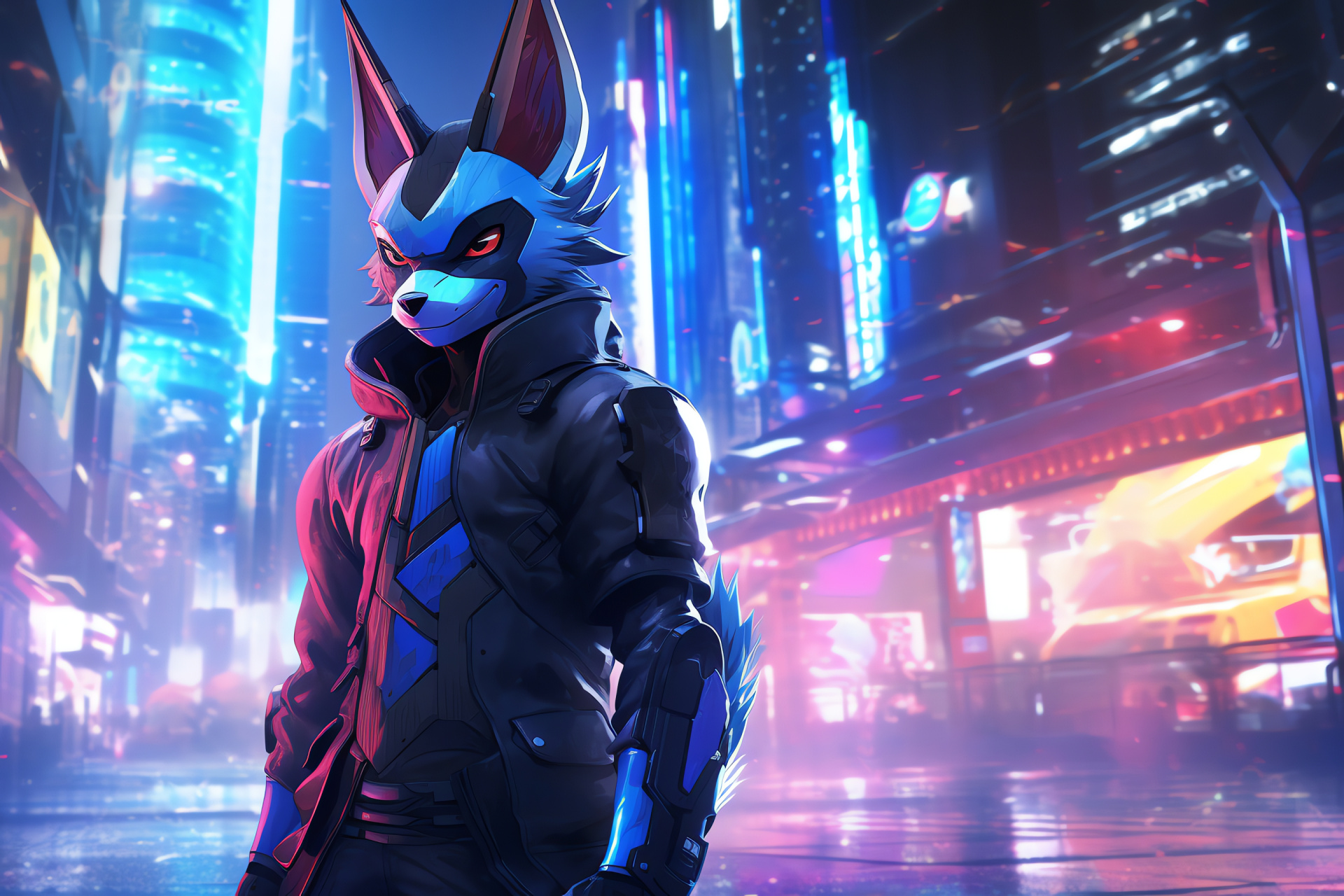 Lucario metropolis scene, Unova's central hub, Luminous billboards, Neon palette, Sci-fi cityscape, HD Desktop Wallpaper