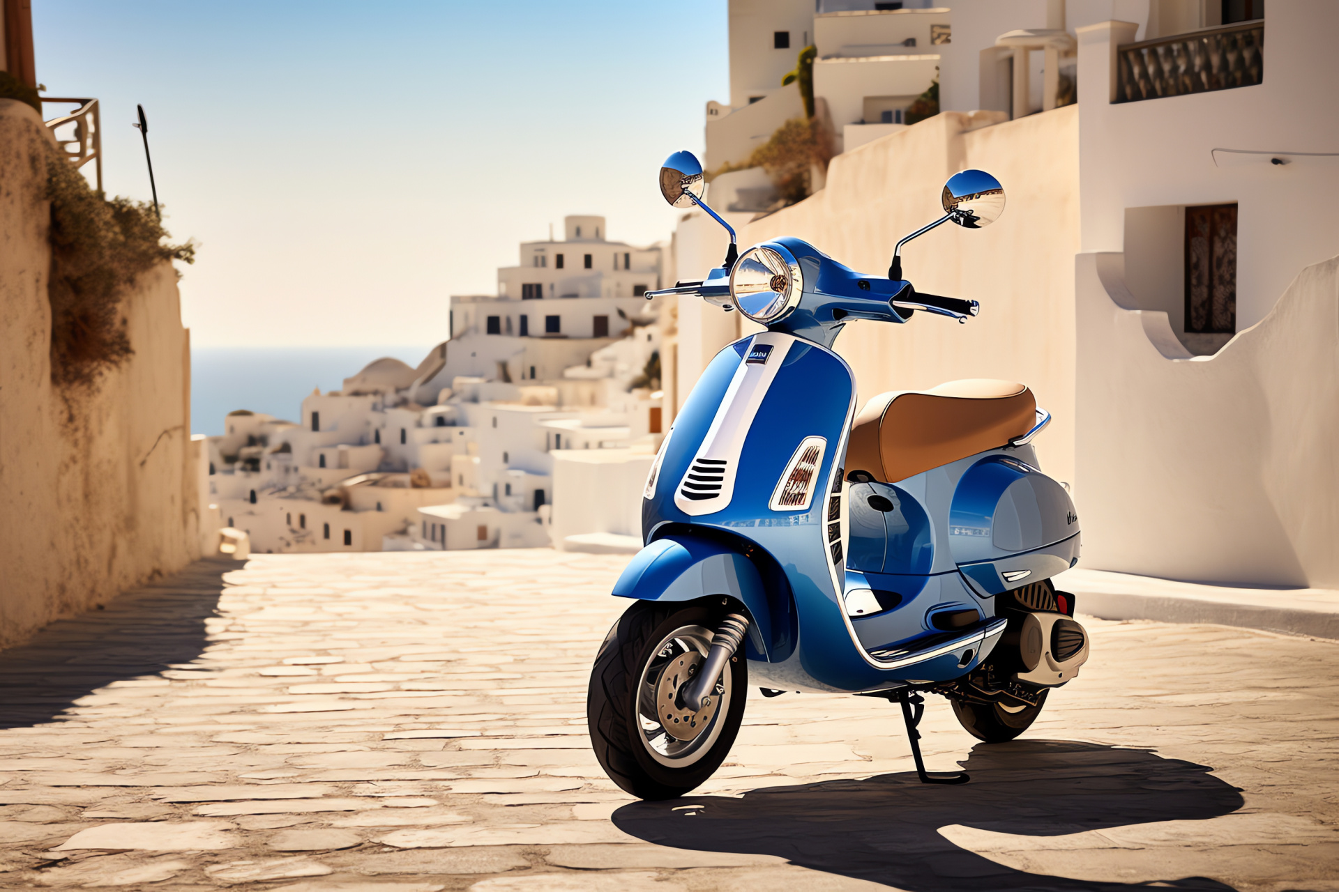 Vespa GTS 300 scooter, Santorini location, Mediterranean culture, Greek island, Tranquil seascape, HD Desktop Image