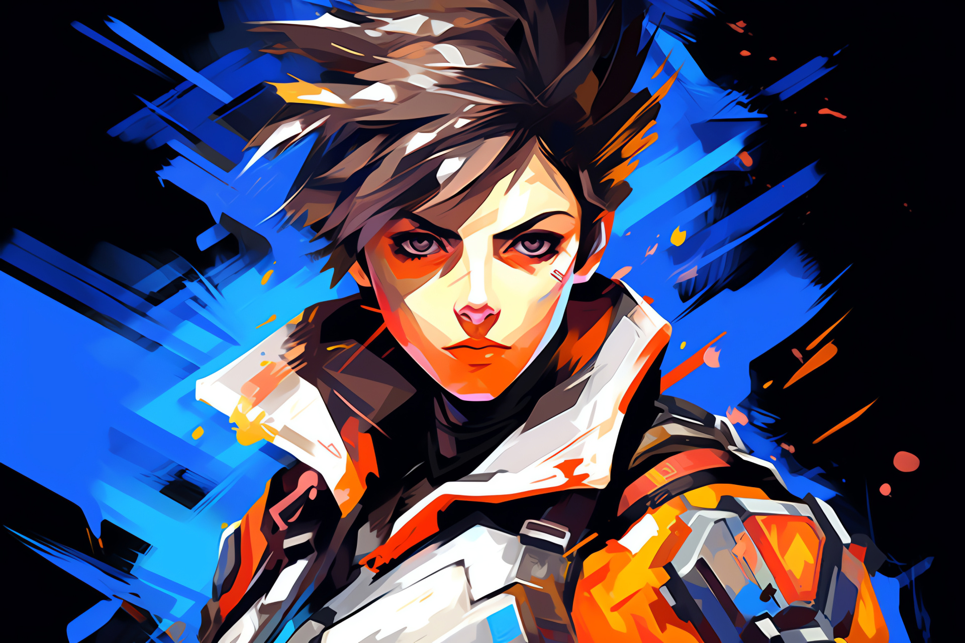 Tracer video game star, Striking blue eyes, Energetic action pose, Tactile spiked hairdo, Character agency, HD Desktop Image