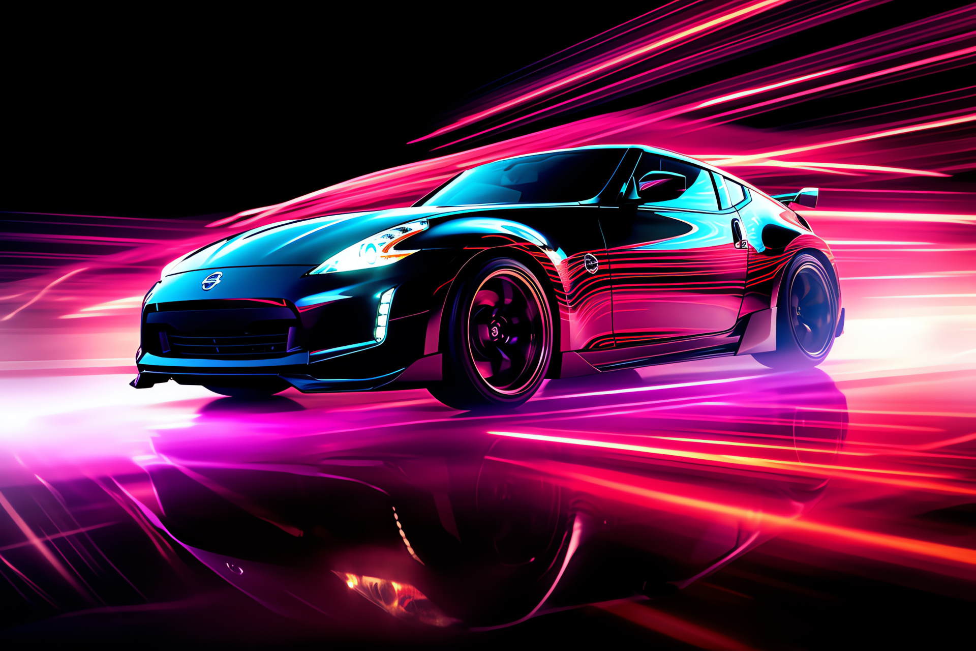 Nissan 370Z neon showcase, High-angle sports car, Neon glowing lines, 370Z dynamic styling, Automotive design, HD Desktop Wallpaper