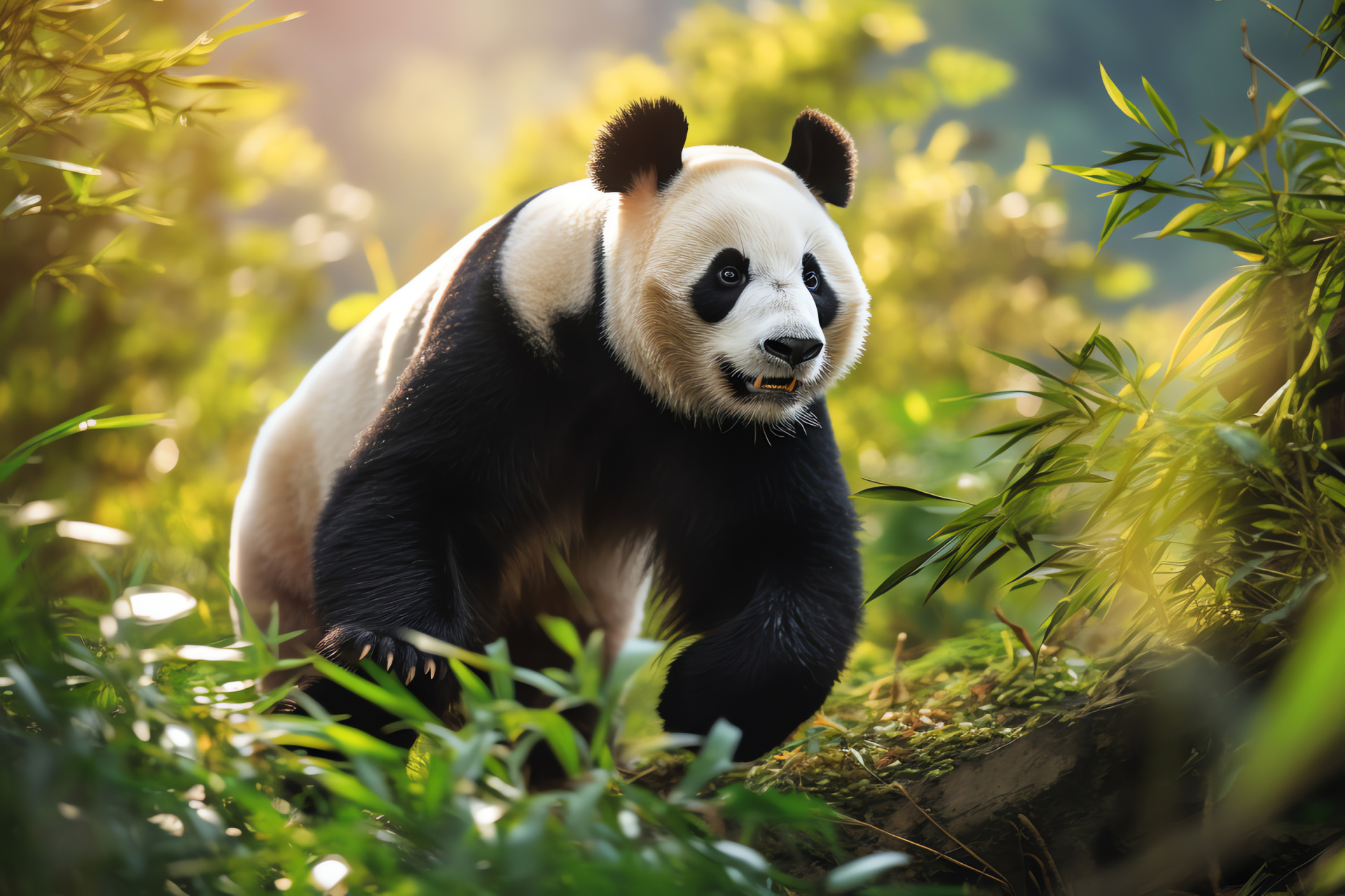 Standing Panda, wild bamboo eater, Chinese black bear, Forest vegetation, Sunlit haven, HD Desktop Image