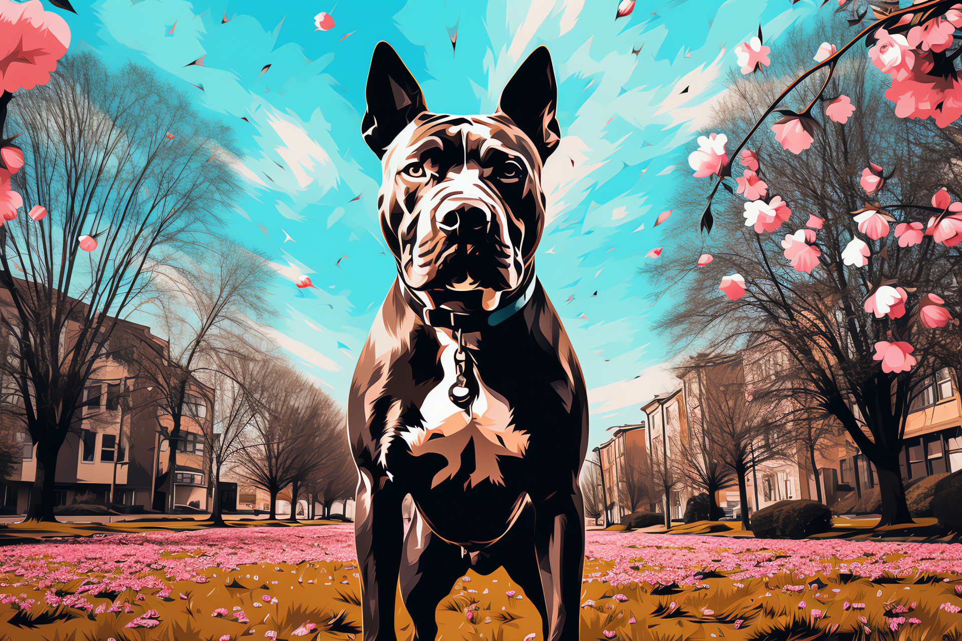 Muscular Pit Bull, vibrant black and white dog, amber-eyed pet, urban canine setting, blossoming park flora, HD Desktop Wallpaper