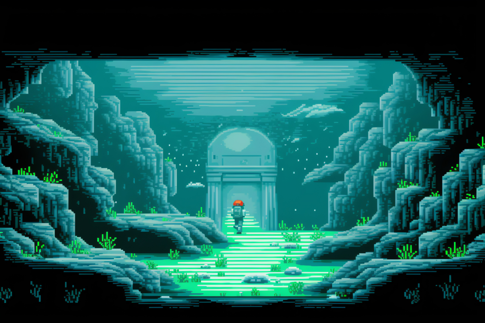 Pokemon Gameboy exploration, Seafloor Cavern locale, Emerald version, Protagonist Brendan, Submerged environment, HD Desktop Image