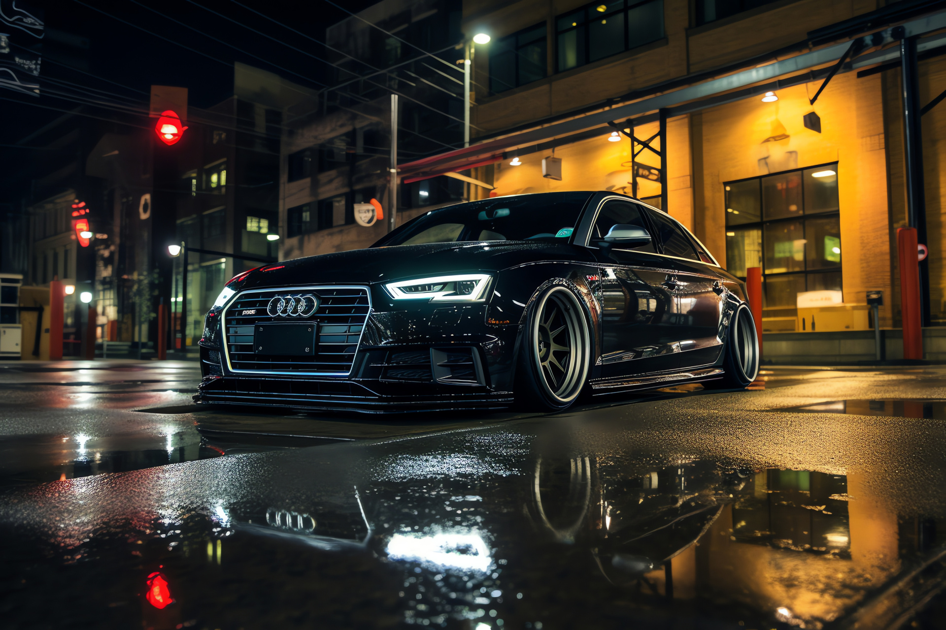 Audi A4 modifying scene, Nighttime street allure, Expanded aftermarket rims, City illumination wet, Sleek rain-flecked paint, HD Desktop Image