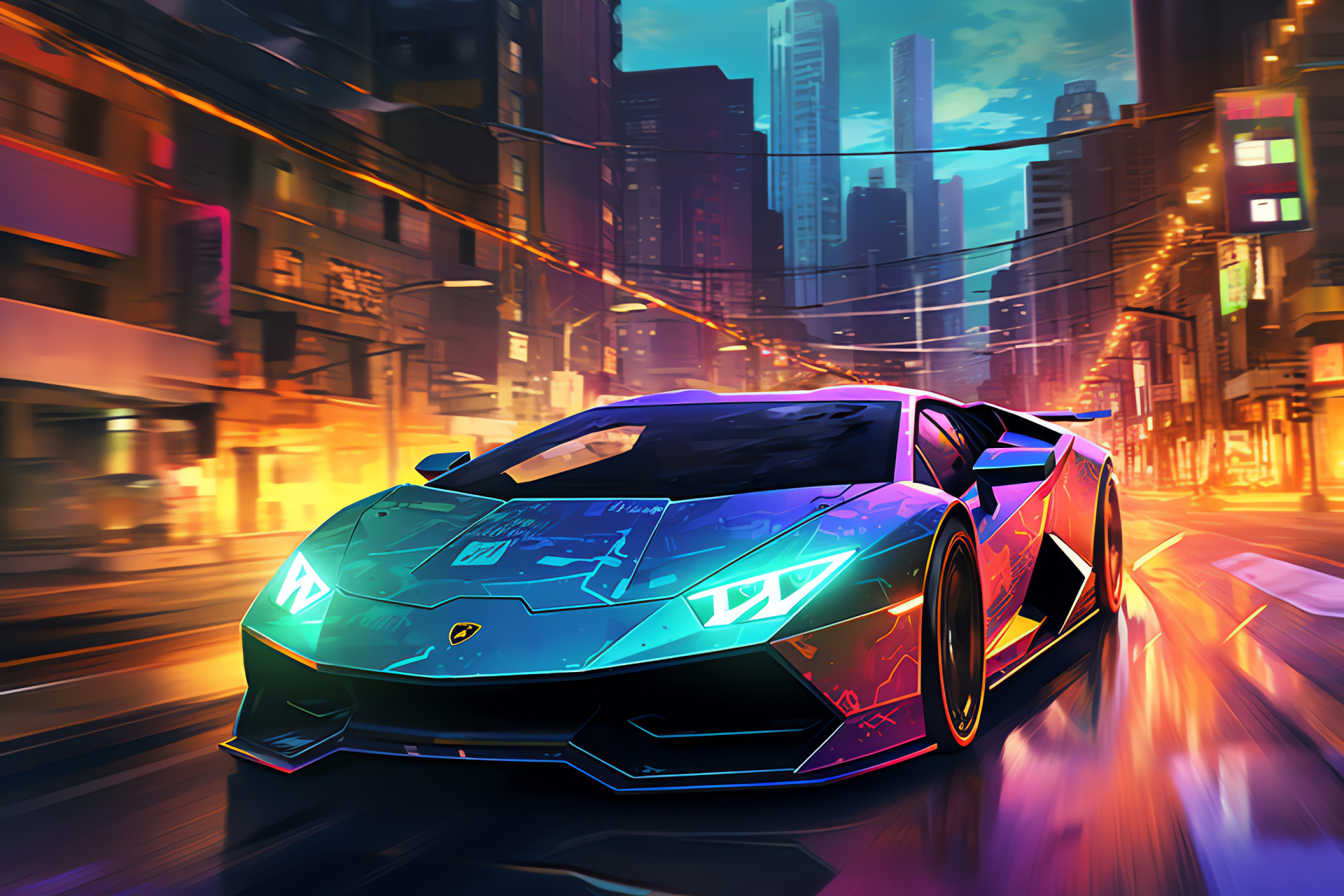 Murcielago cyber art, Urban modernity, Street technology, Futuristic glow, Metropolitan stylization, HD Desktop Image