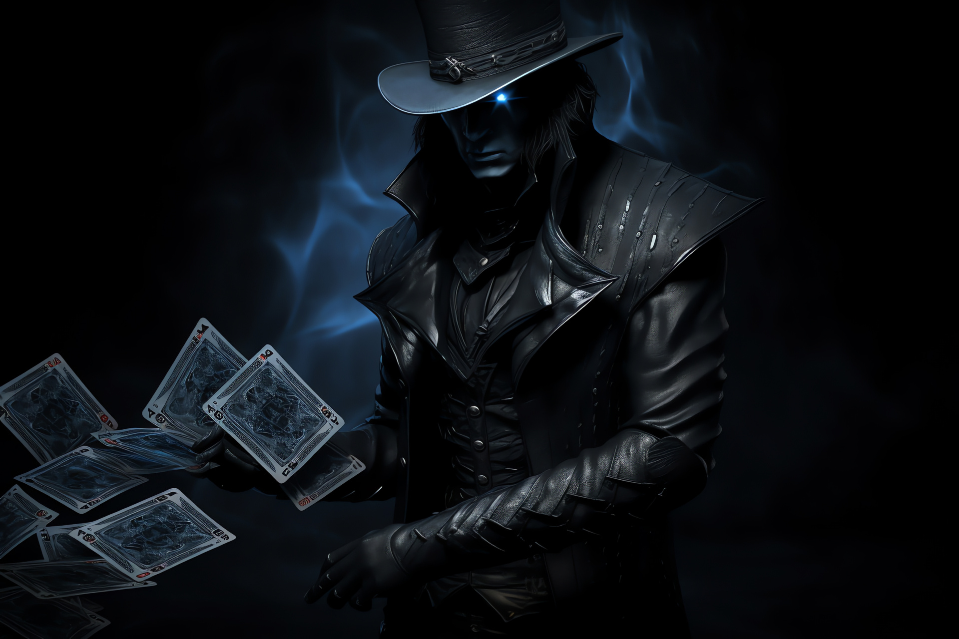 Gambler Twisted Fate, Interactive gaming, Recognizable game figure, Deep blue gaze, Controlled stance, HD Desktop Image