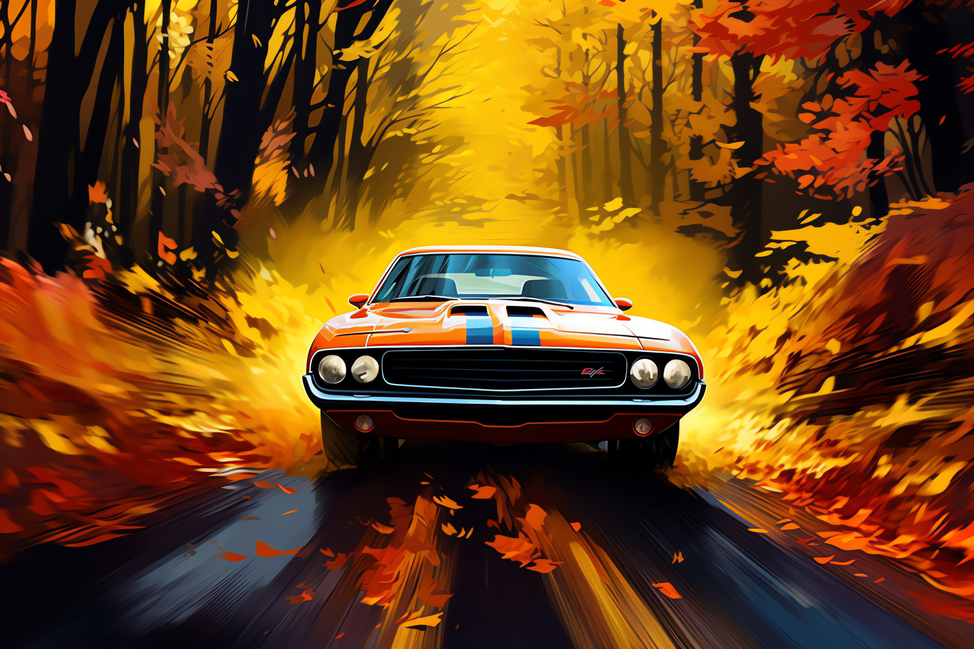 Muscle Cars HD, High vantage driving, Woodland pathway, Chromatic wilderness, Seasonal change, HD Desktop Image