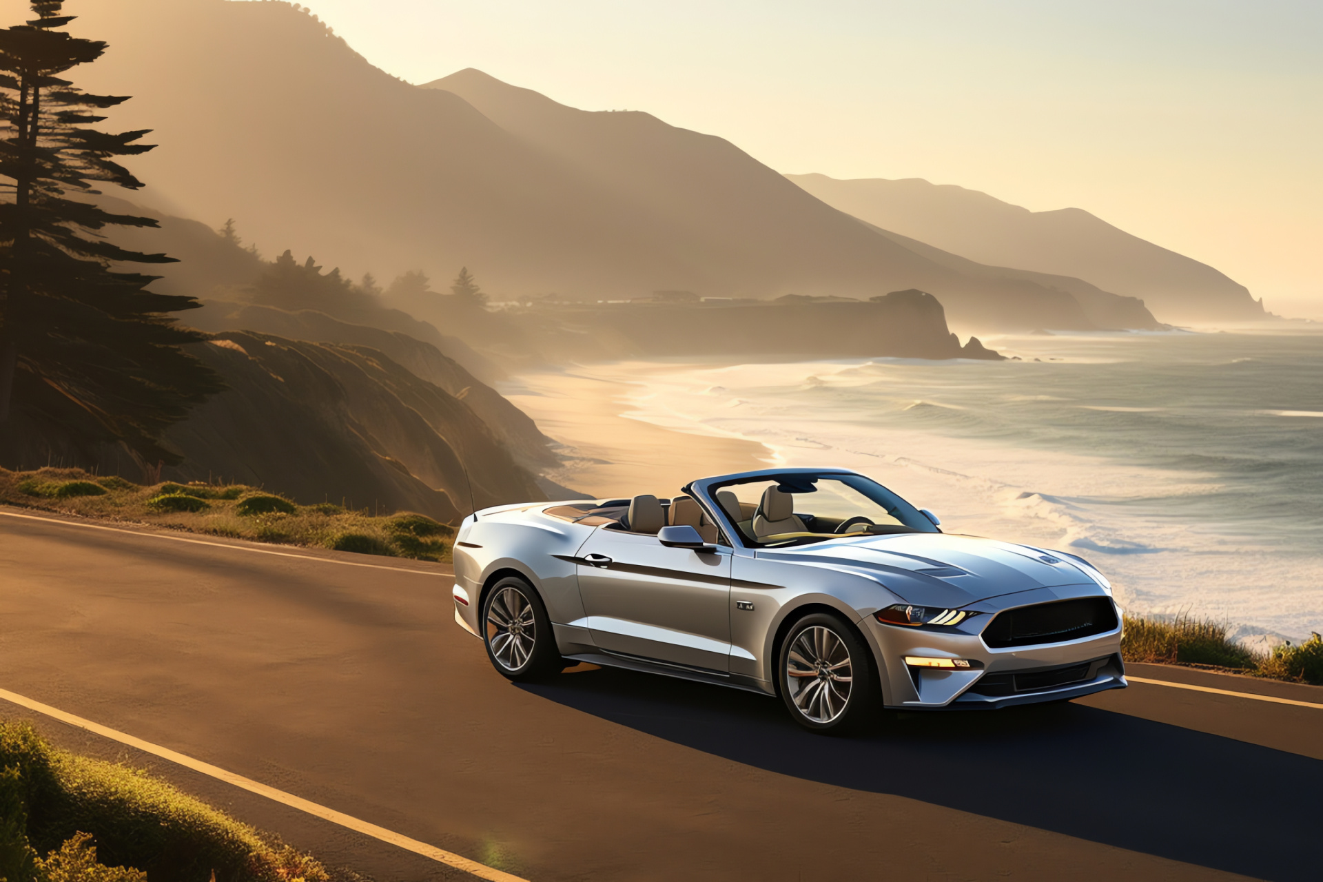 GT350 convertible model, Coastal highway drive, California top-down travel, Ocean wave scenery, Seafront road trip, HD Desktop Image