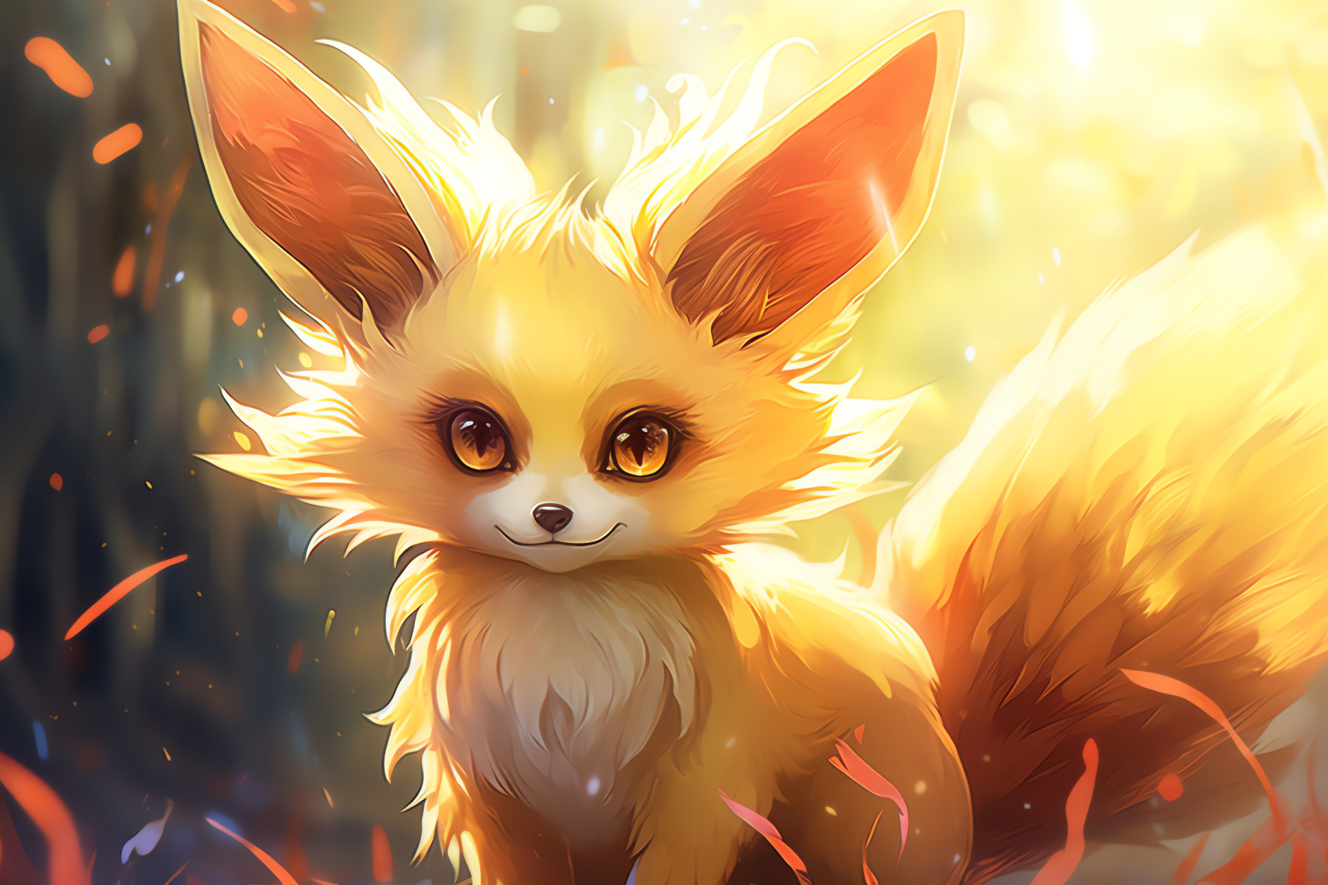 Fennekin, Elemental Pokemon, Alert eyes, Ginger coat, Contrasting backdrop, HD Desktop Wallpaper