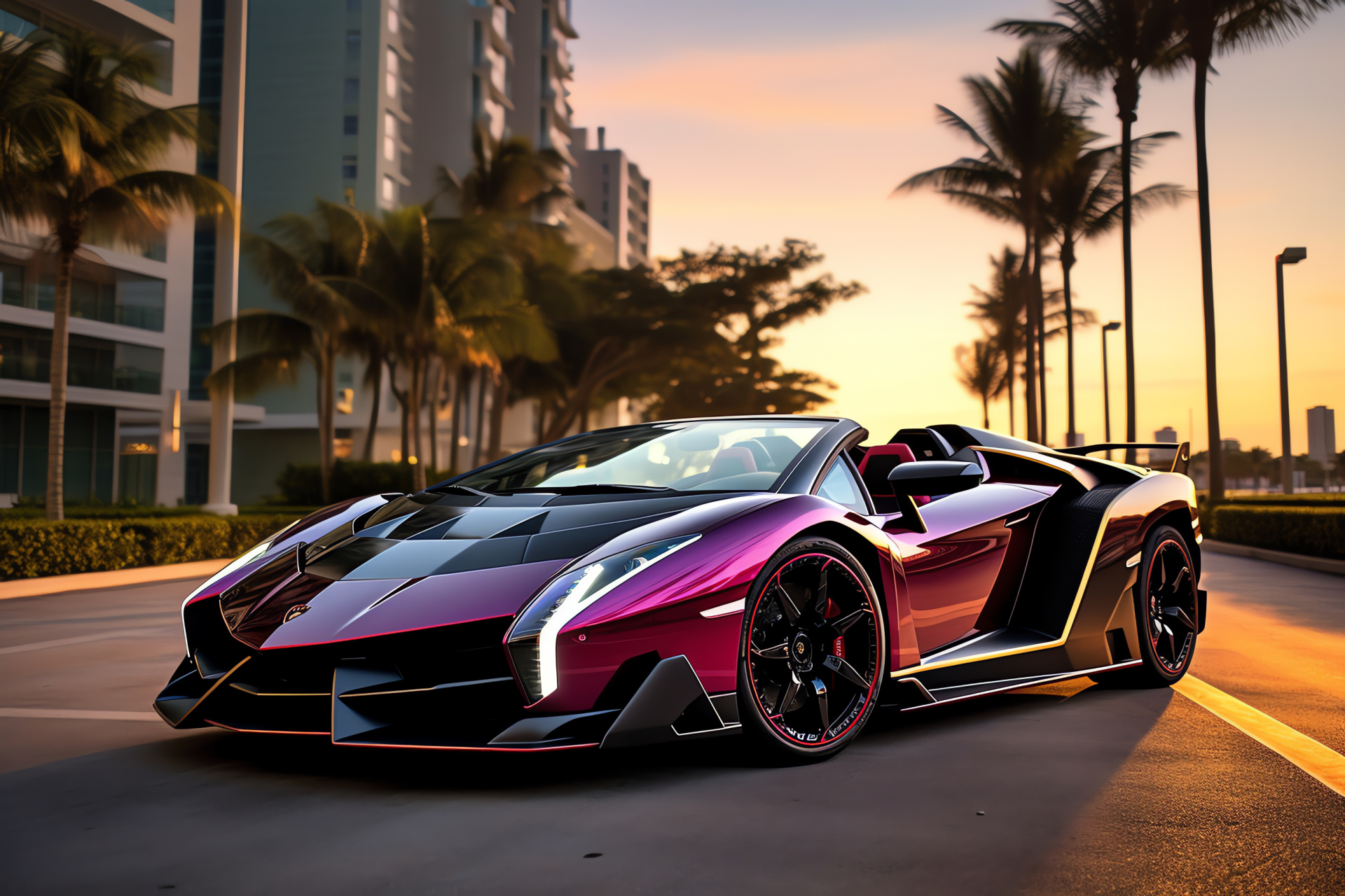 Lamborghini Veneno Roadster, Luxury sports car, Italian hypercar, Miami Beach setting, Exotic automotive design, HD Desktop Wallpaper