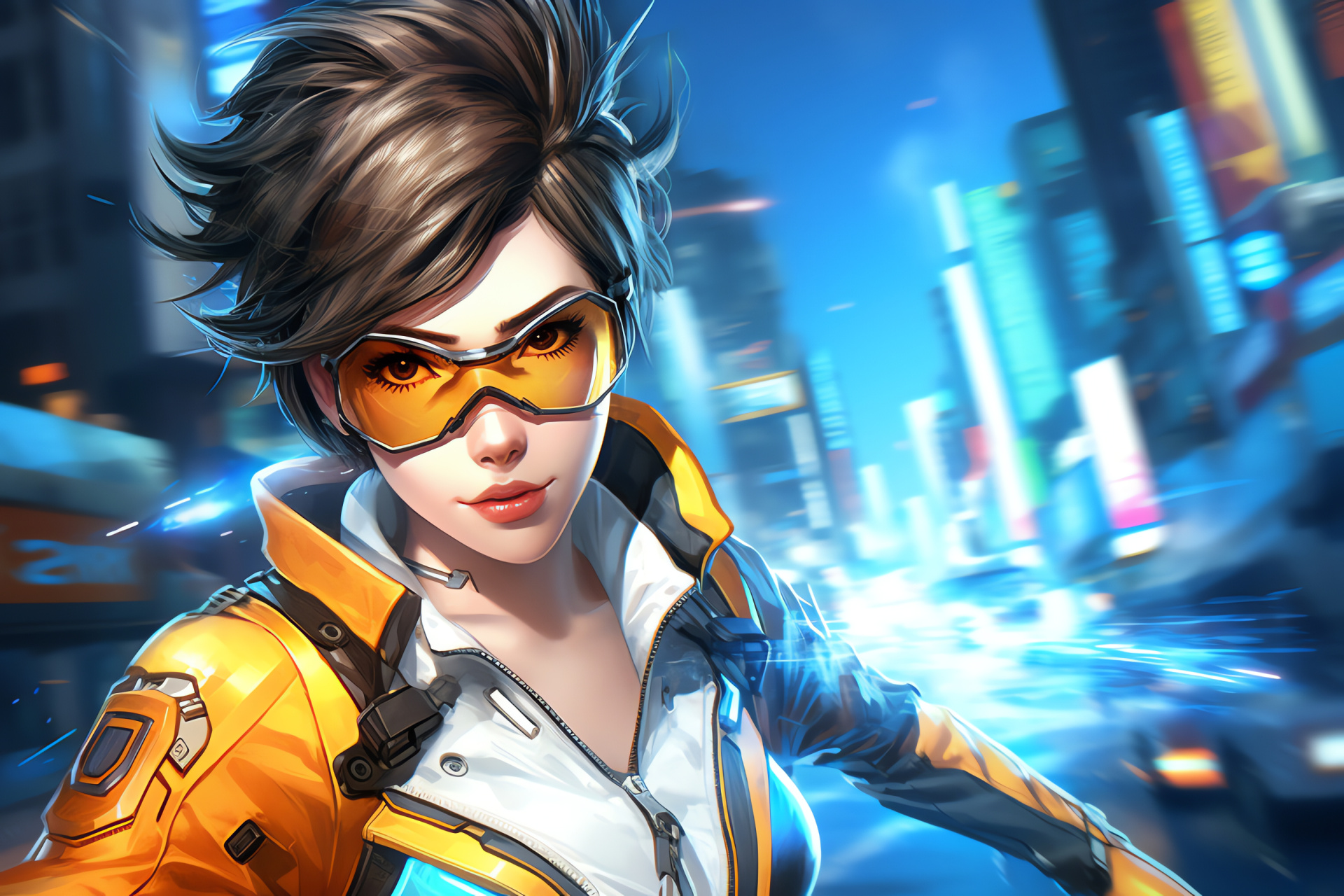 Tracer, Swift Overwatch figure, Advanced metropolitan scape, Korean metropolis visual, Overwatch Asian cityscape, HD Desktop Image