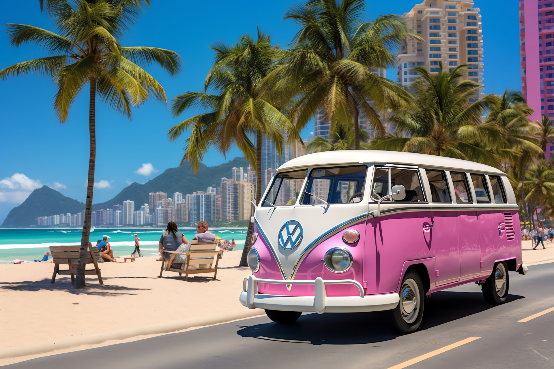 VW Kombi in rose hue, Brazilian beachside, Lively Copacabana, Tropical coast, Carioca lifestyle, HD Desktop Image