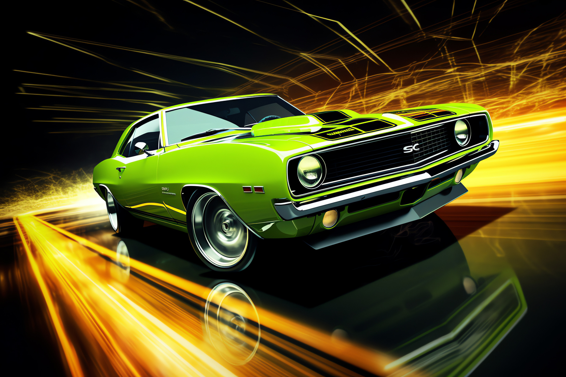 Neon Green Muscle, Elevation Angle, Bold Color Scheme, Power Display, Aggressive Muscle, HD Desktop Wallpaper