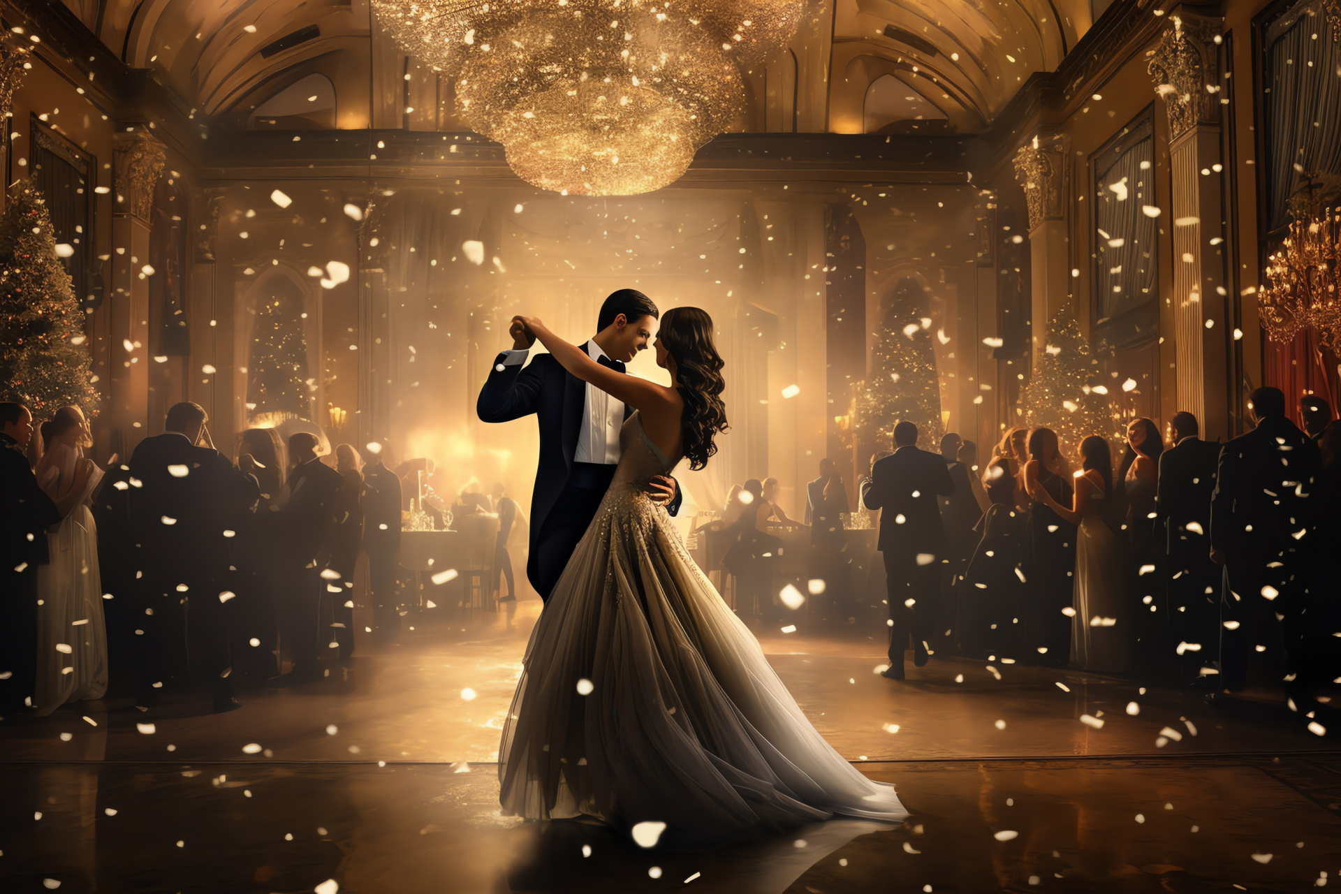 Elegant ballroom New Year, socio-cultural, Champagne bottles, dance enthusiasts, sophisticated gala, HD Desktop Image